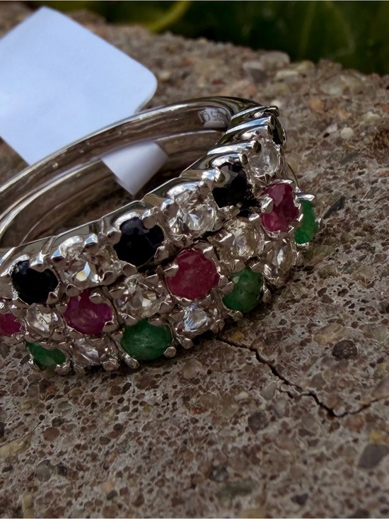 925 Sterling Silver Jewelry - 14K White Gold Over 925 Silver Multi Gemstone Ring Sapphire Emerald Ruby & Topaz